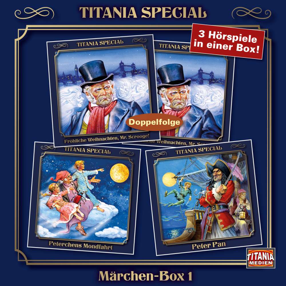 Cover von Titania Special - Box 1 - Fröhliche Weihnachten, Mr. Scrooge!, Peterchensmondfahrt, Peter Pan